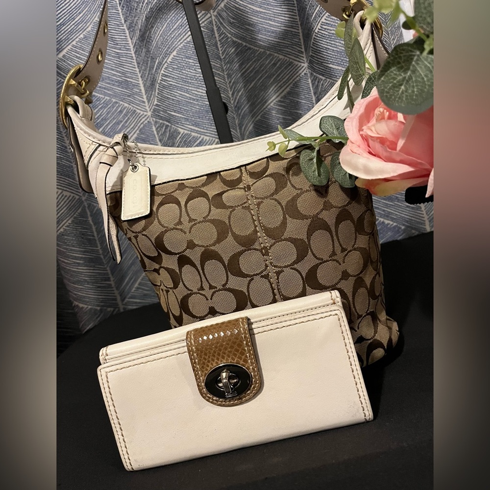 Coach White Trim Bucket Bag and Wallet
